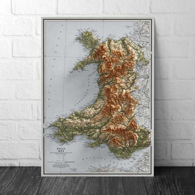 Wales Map - Vintage Cymru Elevation 1872 2D Welsh Poster 3D Effect Shaded Relief Print - image 1