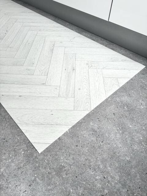 Vinyl Runner Rug in White Herringbone Pattern, PVC Floor Mat Parquet Design For Kitchens, Bathrooms & Hallways - image 1