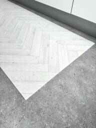 Vinyl Runner Rug in White Herringbone Pattern, PVC Floor Mat Parquet Design For Kitchens, Bathrooms & Hallways - thumbnail 1