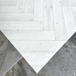 Vinyl Runner Rug in White Herringbone Pattern, PVC Floor Mat Parquet Design For Kitchens, Bathrooms & Hallways - thumbnail 4