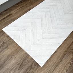 Vinyl Runner Rug in White Herringbone Pattern, PVC Floor Mat Parquet Design For Kitchens, Bathrooms & Hallways - thumbnail 3