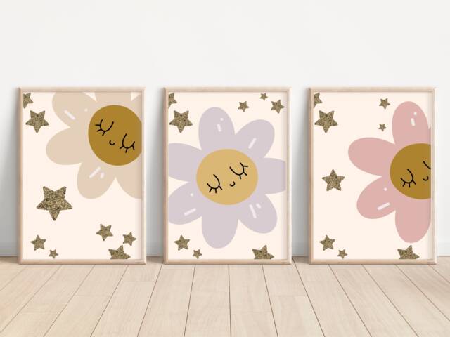 Set Of 3 Daisy Prints With Glitter Effect Stars - Prints Only - image 1