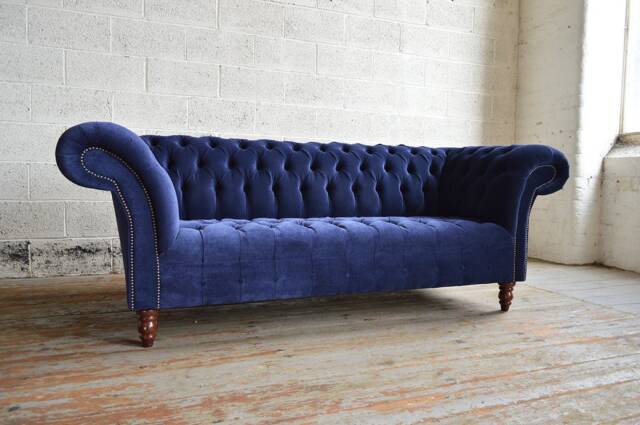British Handmade 3 Seater Navy Blue Velvet Fabric Chesterfield Sofa - image 1