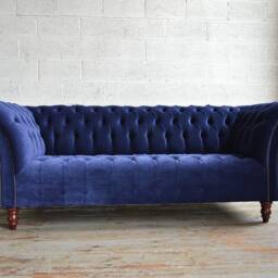 British Handmade 3 Seater Navy Blue Velvet Fabric Chesterfield Sofa - thumbnail 2