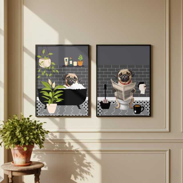 Pug Bathroom Prints, Bath & Toilet Art, Set Of Two Grey Prints. Funny Pet Portrait Glossy - image 1