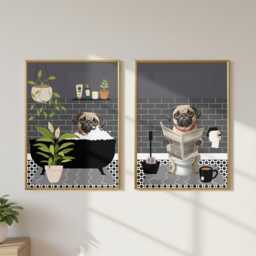 Pug Bathroom Prints, Bath & Toilet Art, Set Of Two Grey Prints. Funny Pet Portrait Glossy - thumbnail 3