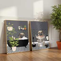 Pug Bathroom Prints, Bath & Toilet Art, Set Of Two Grey Prints. Funny Pet Portrait Glossy - thumbnail 2