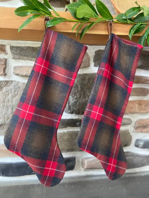 Wool Plaid Green & Red Christmas Stocking Leather Hanging Tabs Handmade - image 1