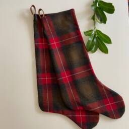 Wool Plaid Green & Red Christmas Stocking Leather Hanging Tabs Handmade - thumbnail 2