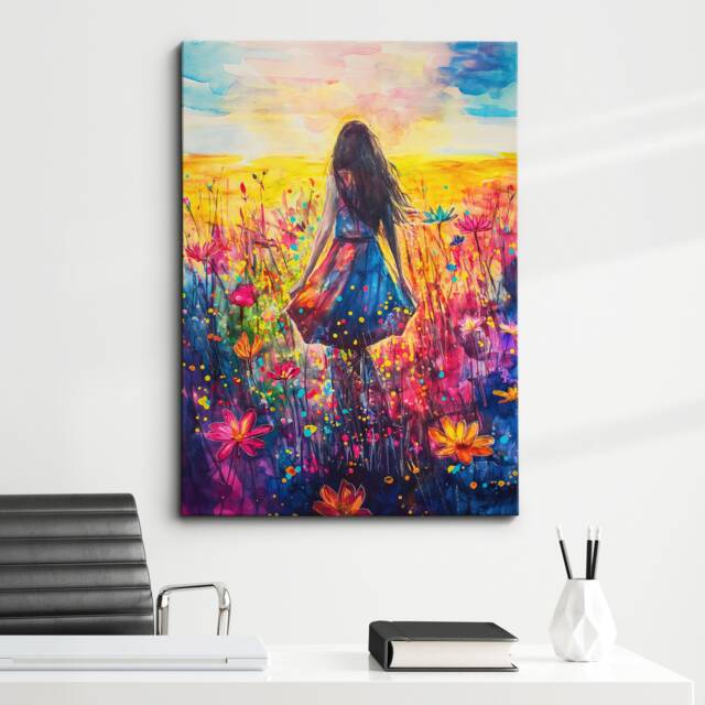 Girl in Colorful Field Abstract Oil Painting Framed Poster Print & Canvas Wall Decor Art Bedroom Home Office Interior Gift - image 1