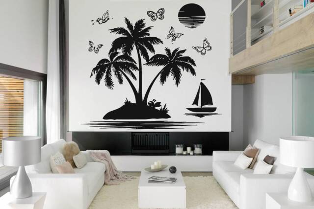 Tropical Island Wall Decal Palm Trees & Sailboat Vinyl Art 1418 - image 1