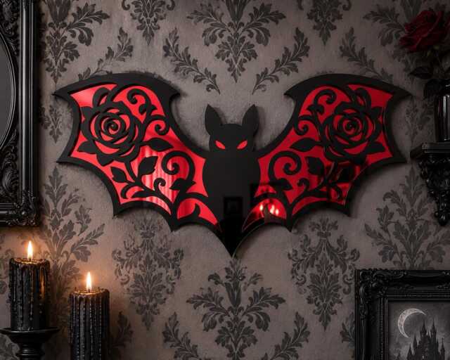 Gothic Bat Mirror Wall Decor - Black Red Acrylic Rose Plaque - image 1