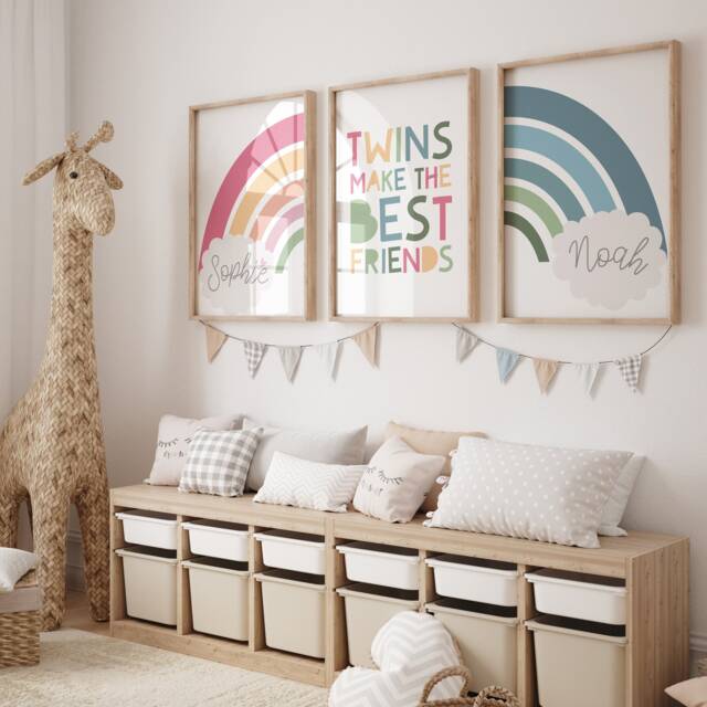 3 Playroom Prints, Twins Bedroom Brother Sister Rainbow Boys Girls Prints Wall Art - image 1