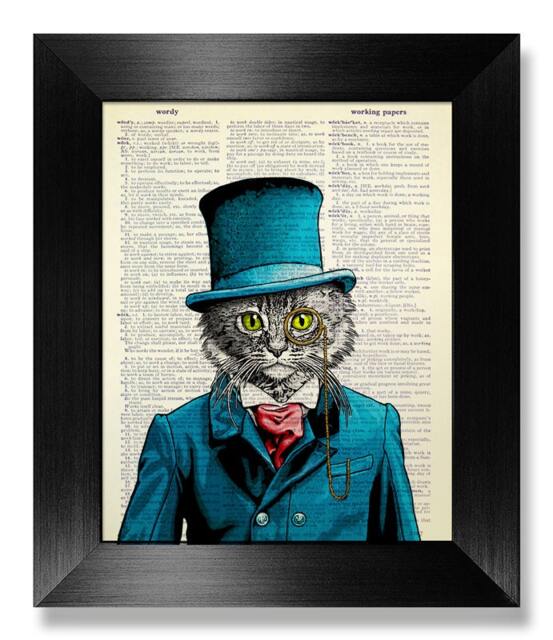 White Cat Art Print On Book Page Art, Vintage Book Blue Suit Wall Decal, Victorian Man Poster, Gift For Cat Lover Poster