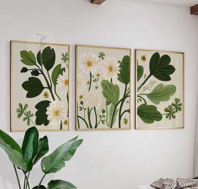 Set Of 3 Botanical Daisy Prints, Green Floral Wall Art, Modern Nature Poster Trio For Home Decor - image 1