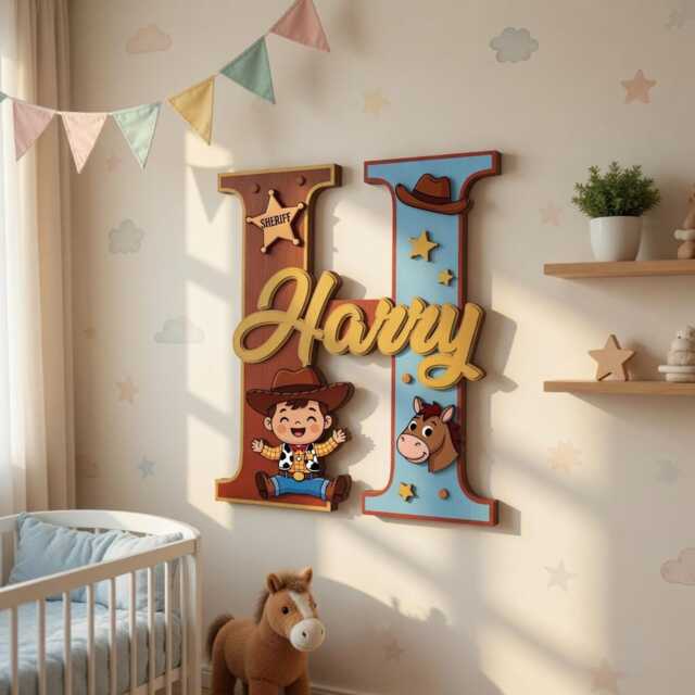 Personalized Woody & Bullseye Toy Story Nursery Name Sign, Layered Wooden Wall Decor, Custom Baby Plaque - image 1