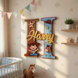 Personalized Woody & Bullseye Toy Story Nursery Name Sign, Layered Wooden Wall Decor, Custom Baby Plaque - thumbnail 1
