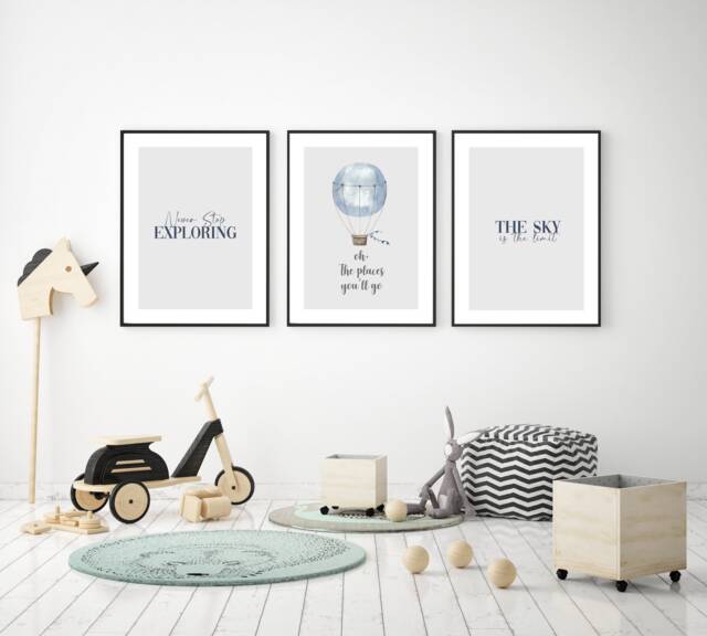 Set Of 3 Boys Bedroom Prints, Grey Blue Nursery Print Set, Exploring Adventure Boys Quote Game Room Childs Bedroom - image 1