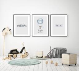 Set Of 3 Boys Bedroom Prints, Grey Blue Nursery Print Set, Exploring Adventure Boys Quote Game Room Childs Bedroom - thumbnail 1