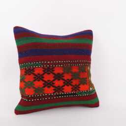 Vintage Turkish Kilim Pillow Cover Handwoven Wool Cushion - 16x16 - thumbnail 3