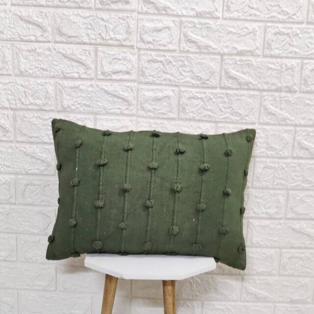 Hand Woven Olive Green Throw Pillow Cover Boho Cotton Loops - image 1