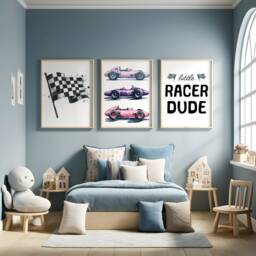 Car Nursery Print - Set Of 3 Posters - Little Racer Dude Racing Playroom Wall Art Boys Bedroom Decor Kids Cars Artwork Gifts - thumbnail 1