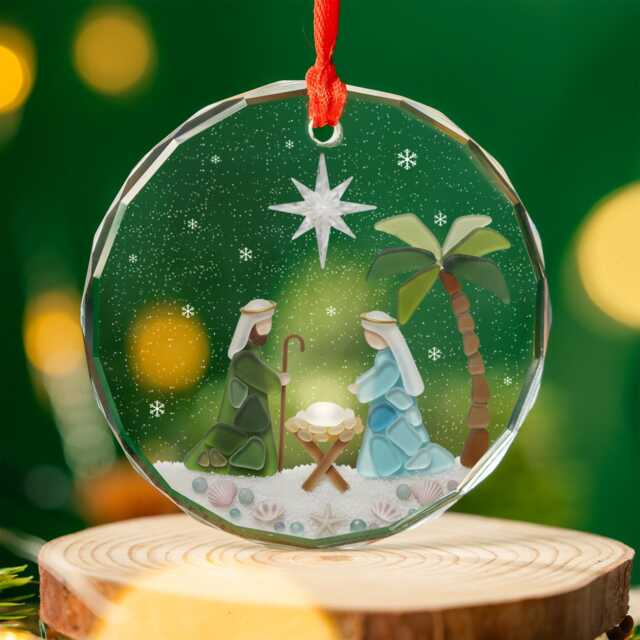 Nativity Christmas Seaglass Ornament, Scene Christian Gift, Baby Jesus Religious Xmas Home Keepsake - image 1