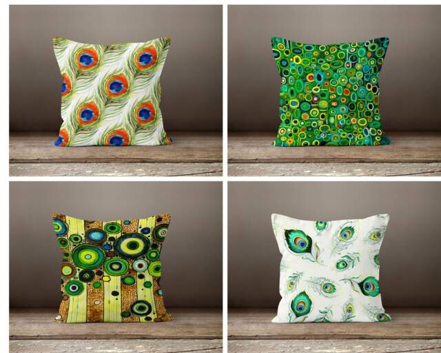 Green Peacock Feather Cushion Cover-Animal Design Pillow Case-Decorative Case-Tropical Cover-Gift For Her-Handmade Material - image 1