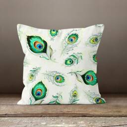 Green Peacock Feather Cushion Cover-Animal Design Pillow Case-Decorative Case-Tropical Cover-Gift For Her-Handmade Material - thumbnail 4