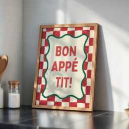 Bon Appetit Kitchen Poster, Red Checkered Tiles Wall Art, French Quote Checker Funky Dopamine Decor - thumbnail 3