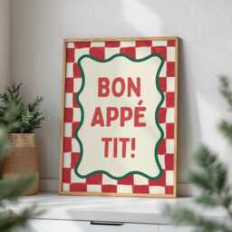 Bon Appetit Kitchen Poster, Red Checkered Tiles Wall Art, French Quote Checker Funky Dopamine Decor - thumbnail 1