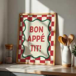 Bon Appetit Kitchen Poster, Red Checkered Tiles Wall Art, French Quote Checker Funky Dopamine Decor - thumbnail 2