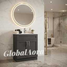 Bathroom Vanity Unit With Basin - Matte Grey Floor-standing Washstand Modern Cabinet Soft-Close Doors - thumbnail 3