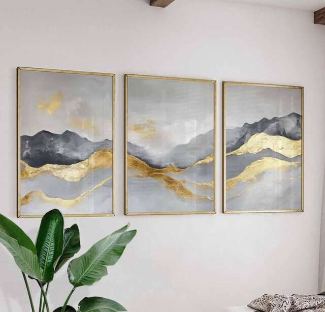 Japanese Mountain Art Set, Modern Abstract Landscape Posters, Luxury Wall Art, Minimalist Nature Prints, Gold & Gray Decor - image 1