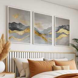 Japanese Mountain Art Set, Modern Abstract Landscape Posters, Luxury Wall Art, Minimalist Nature Prints, Gold & Gray Decor - thumbnail 2