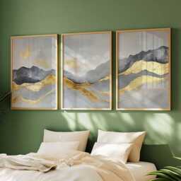 Japanese Mountain Art Set, Modern Abstract Landscape Posters, Luxury Wall Art, Minimalist Nature Prints, Gold & Gray Decor - thumbnail 3