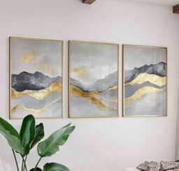 Japanese Mountain Art Set, Modern Abstract Landscape Posters, Luxury Wall Art, Minimalist Nature Prints, Gold & Gray Decor - thumbnail 1