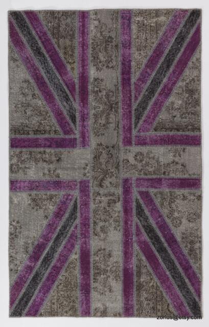 Union Jack Patchwork Rug Purple & Gray British Flag, Hand-stitched - image 1