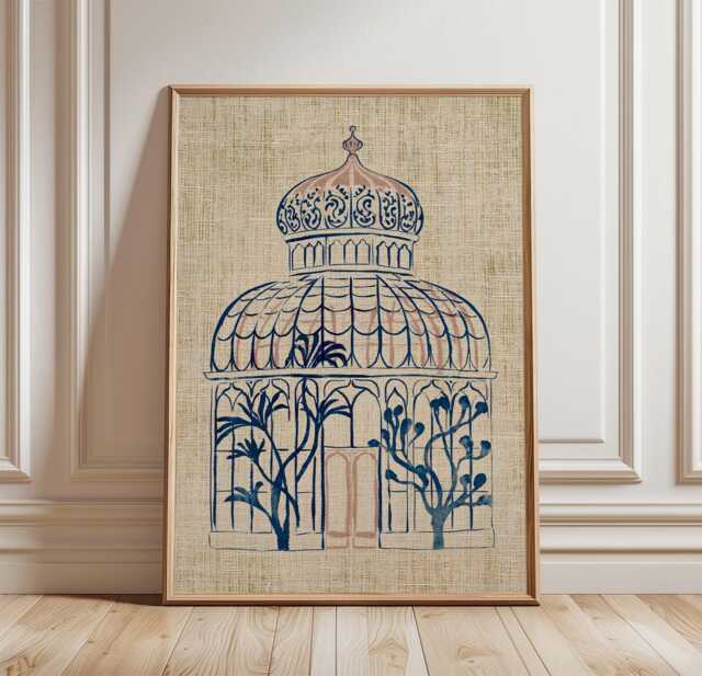 Glass Conservatory Poster, Cyanotype Botanical Wall Art, Blue Architecture - image 1