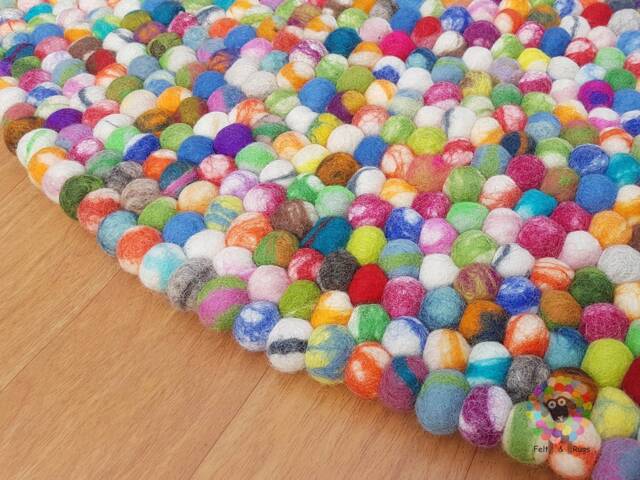 Round Felt Ball Rug Tie Dye Pom Pom, 100% Wool Carpet - image 1