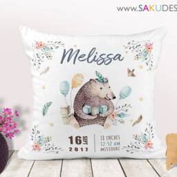 Bear Baby Pillow-Birth Announcement-Nursery Decor-Baby Pillow-Bear-Keepsake Pillow-Personalized Pillow-New Baby-Birth Stats-Custom - thumbnail 3