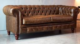 Chesterfield Real Leather Two/Three Seater Sofa Vintage Cognac Brown - thumbnail 1