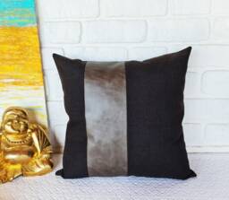 Color Block Pillow Cover Dark Brown Linen & Gray Faux Leather - 16x16''