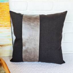 Color Block Pillow Cover Dark Brown Linen & Gray Faux Leather - 16x16'' - thumbnail 3