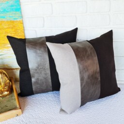 Color Block Pillow Cover Dark Brown Linen & Gray Faux Leather - 16x16'' - thumbnail 4