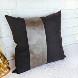 Color Block Pillow Cover Dark Brown Linen & Gray Faux Leather - 16x16'' - thumbnail 2