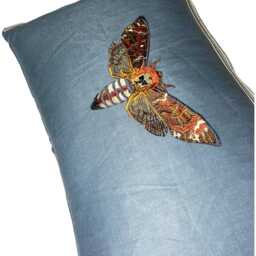 Embroidered Moth Linen Pillow Slate Blue Decorative Lumbar - thumbnail 3
