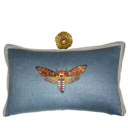 Embroidered Moth Linen Pillow Slate Blue Decorative Lumbar - thumbnail 2