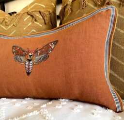 Embroidered Moth Linen Pillow Slate Blue Decorative Lumbar