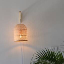 Plug in Wall Mount Lamp Pendant - Bamboo Sconce Style with Switch Wood Boho Lampshade Outlet Aspen Bracket Hanging Natural Woven